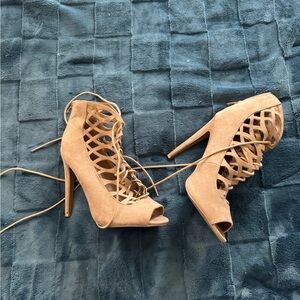 Charlotte Russe Tan Peep-Toe Lace-Up Heels